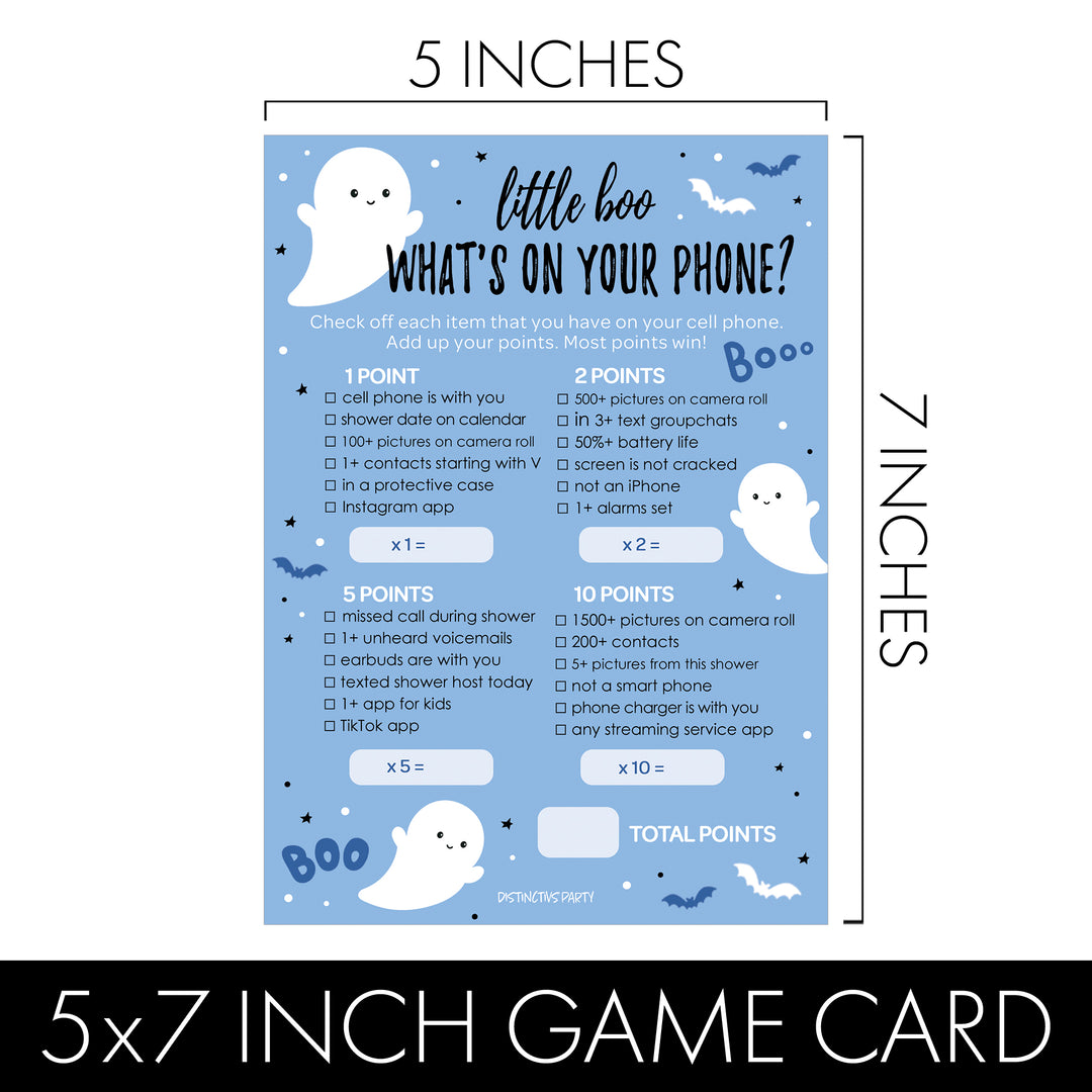Little Boo: Blue - Boy Baby Shower Game -Fall What's On Your Phone and Word Scramble - Two Game Bundle -  20 Dual Sided Cards - Distinctivs Party