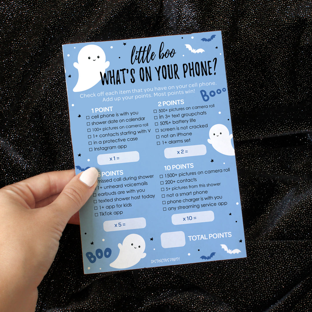 Little Boo: Blue - Boy Baby Shower Game -Fall What's On Your Phone and Word Scramble - Two Game Bundle -  20 Dual Sided Cards - Distinctivs Party