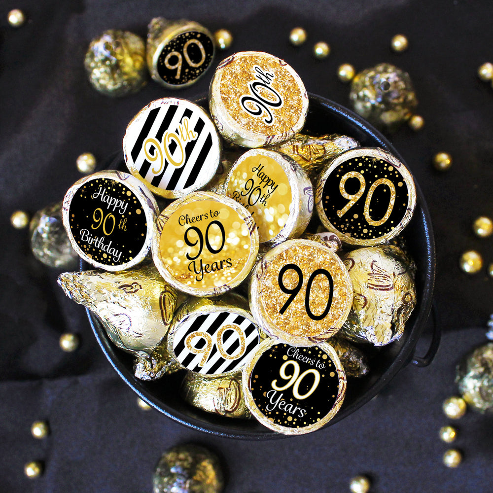 90th Birthday: Black & Gold Birthday -  Party Favor Stickers - Fits on Hershey® Kisses - 180 Stickers - Distinctivs Party