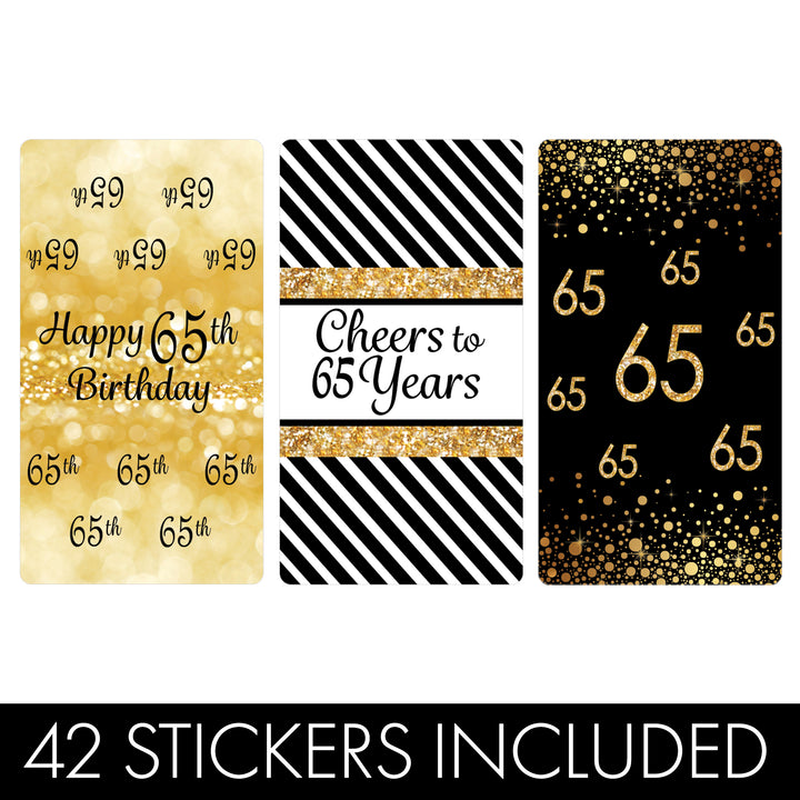 65.º cumpleaños: negro y dorado - Pegatinas para envoltorios de barra de caramelos en miniatura de Hershey's - 45 pegatinas
