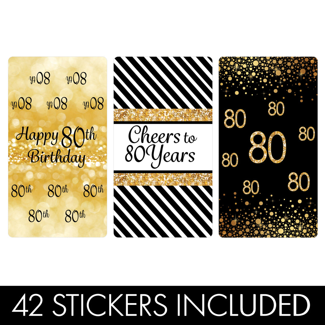 80.º cumpleaños: negro y dorado - Pegatinas para envoltorios de barra de caramelos en miniatura de Hershey's - 45 pegatinas