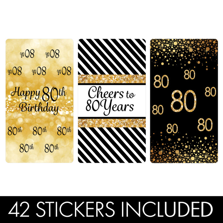 80.º cumpleaños: negro y dorado - Pegatinas para envoltorios de barra de caramelos en miniatura de Hershey's - 45 pegatinas
