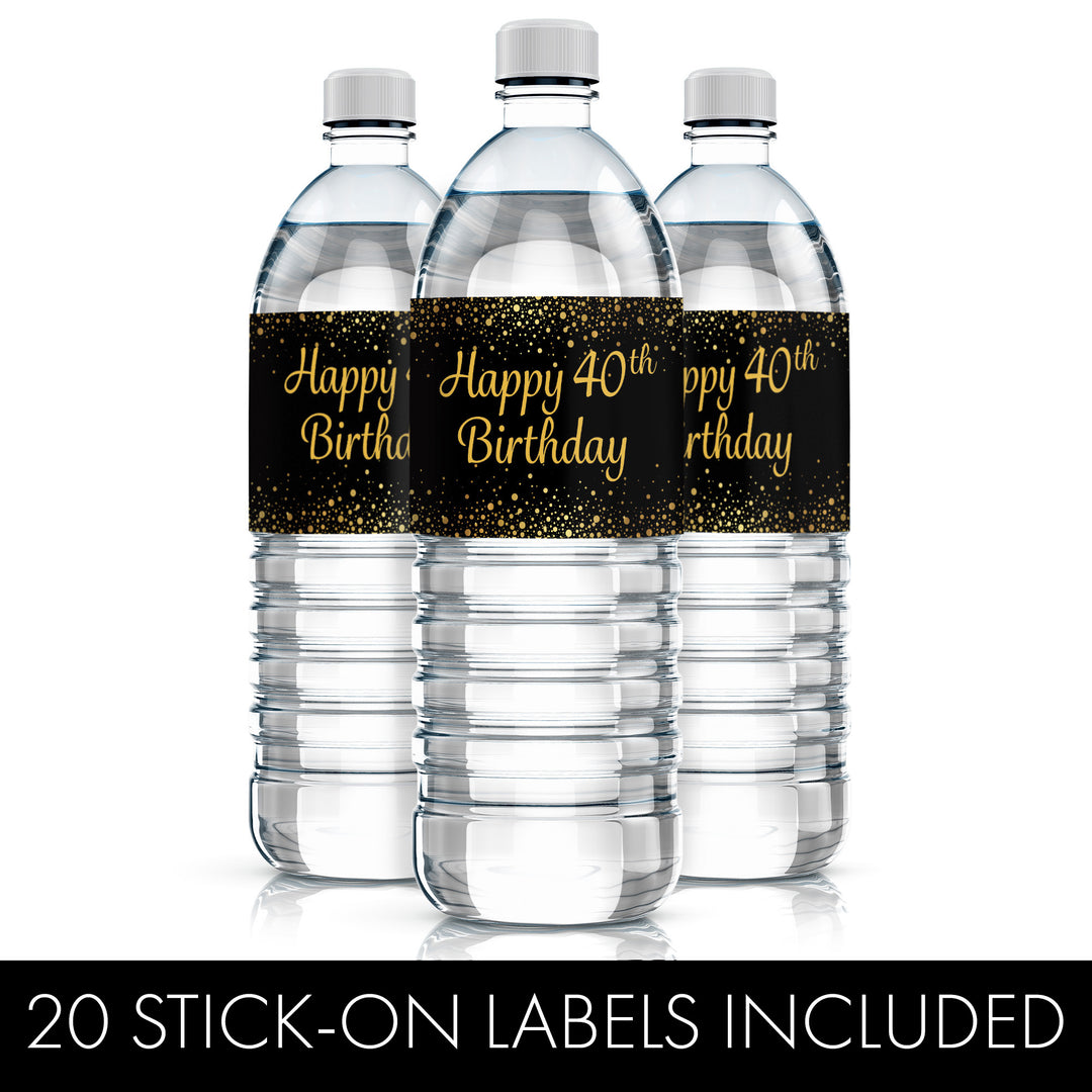 40th Birthday: Black & Gold - Water Bottle Labels - 20 Stickers