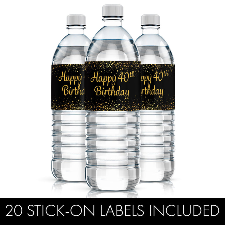 40th Birthday: Black & Gold - Water Bottle Labels - 20 Stickers