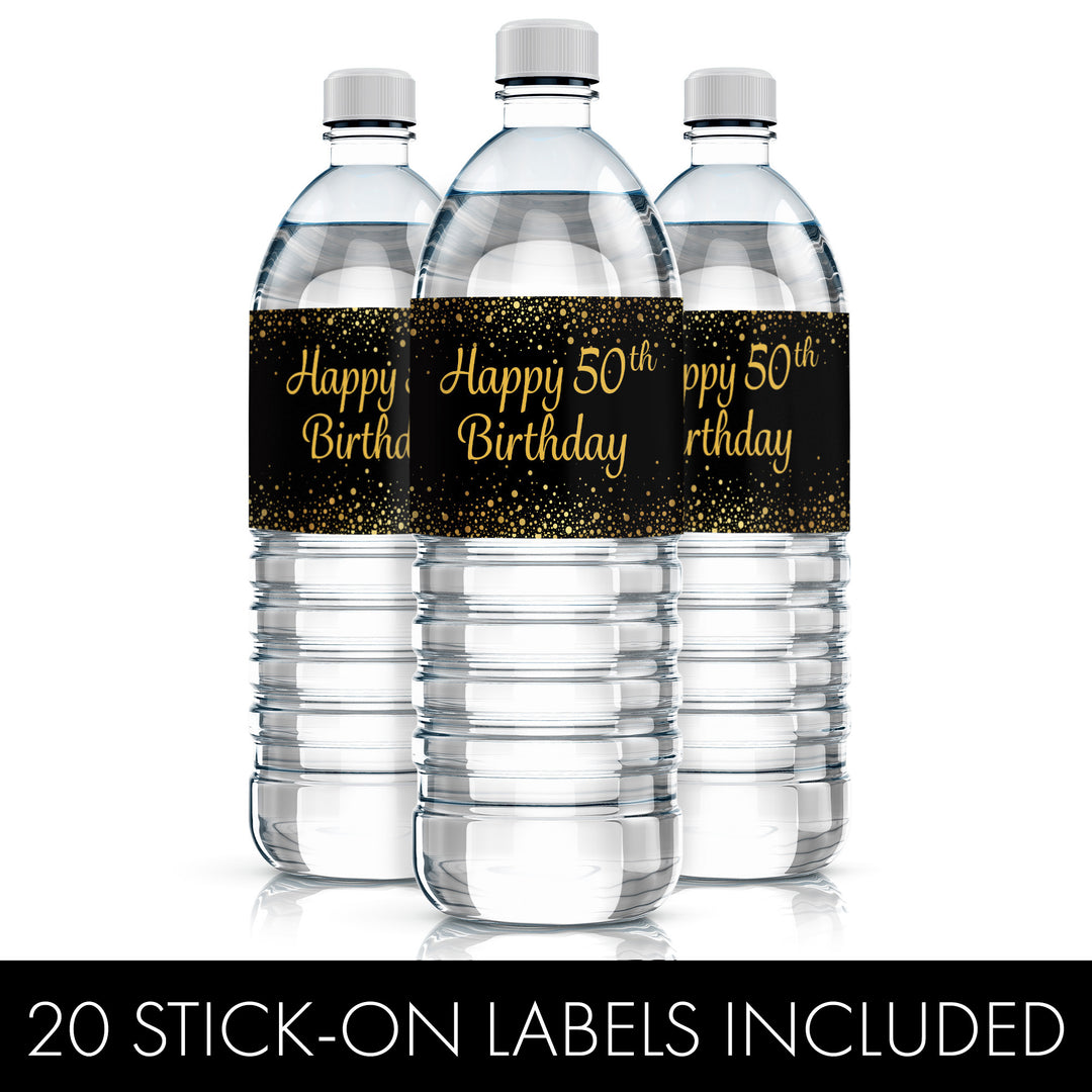 50th Birthday: Black & Gold - Water Bottle Labels - 20 Stickers