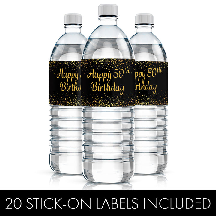 50th Birthday: Black & Gold - Water Bottle Labels - 20 Stickers