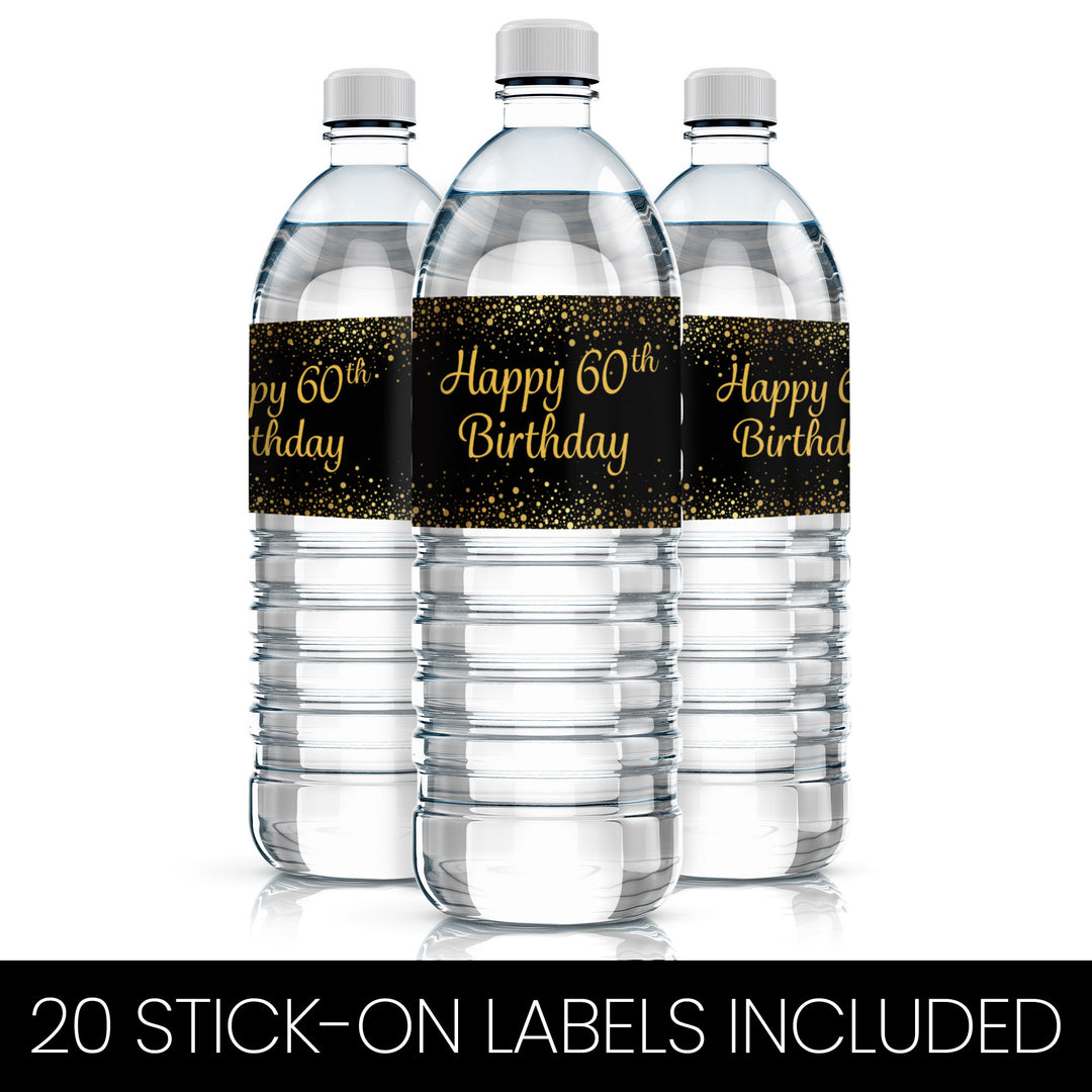 60th Birthday: Black & Gold - Adult Birthday - Water Bottle Labels - 20 Stickers - Distinctivs Party