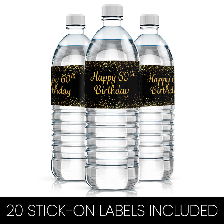 60th Birthday: Black & Gold - Adult Birthday - Water Bottle Labels - 20 Stickers - Distinctivs Party