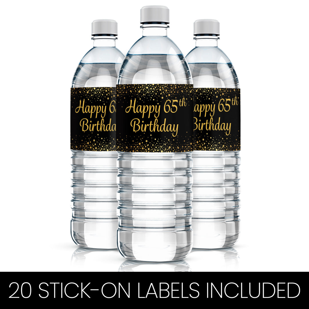 65th Birthday: Black & Gold - Adult Birthday -  Water Bottle Labels - 20 Stickers - Distinctivs Party