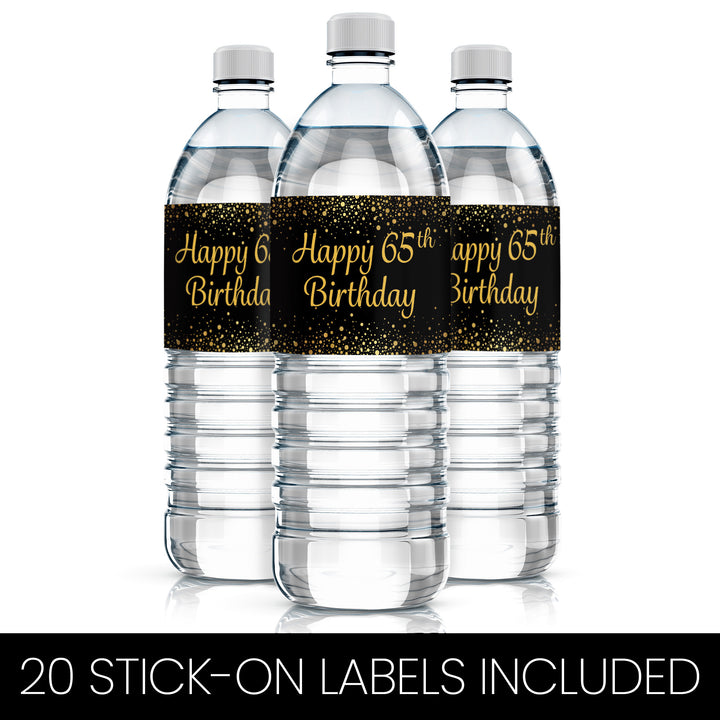 65th Birthday: Black & Gold - Adult Birthday -  Water Bottle Labels - 20 Stickers - Distinctivs Party