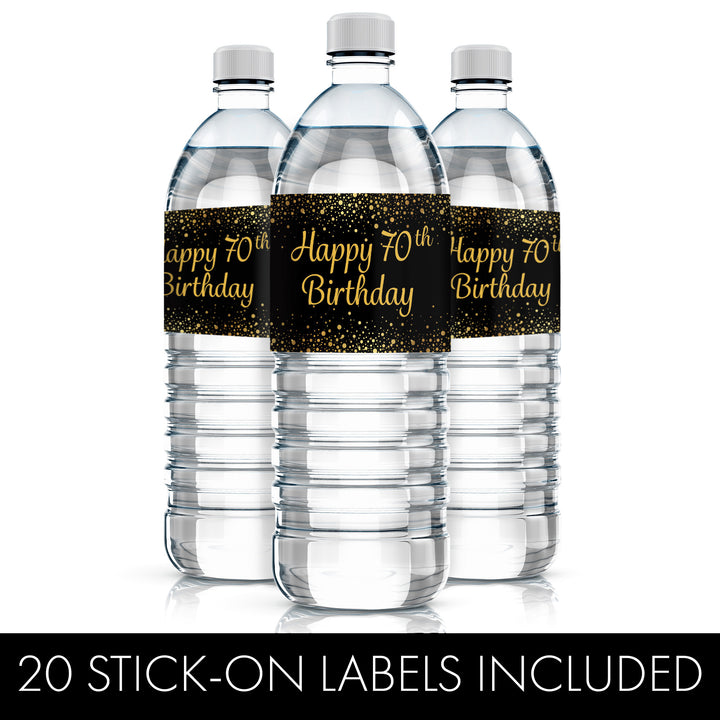 70th Birthday: Black & Gold - Adult Birthday -  Water Bottle Labels - 20 Stickers