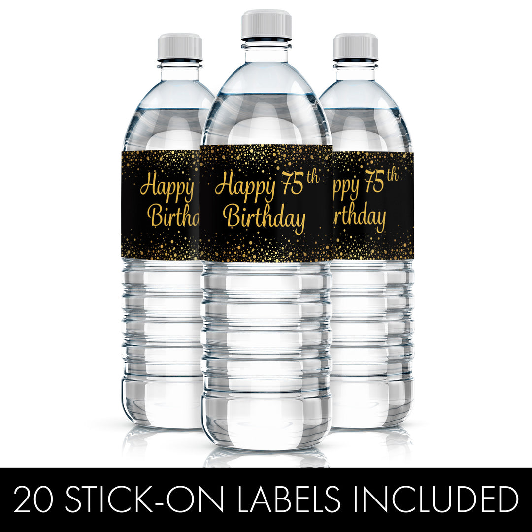 75th Birthday: Black & Gold - Adult Birthday - Water Bottle Labels - 20 Stickers