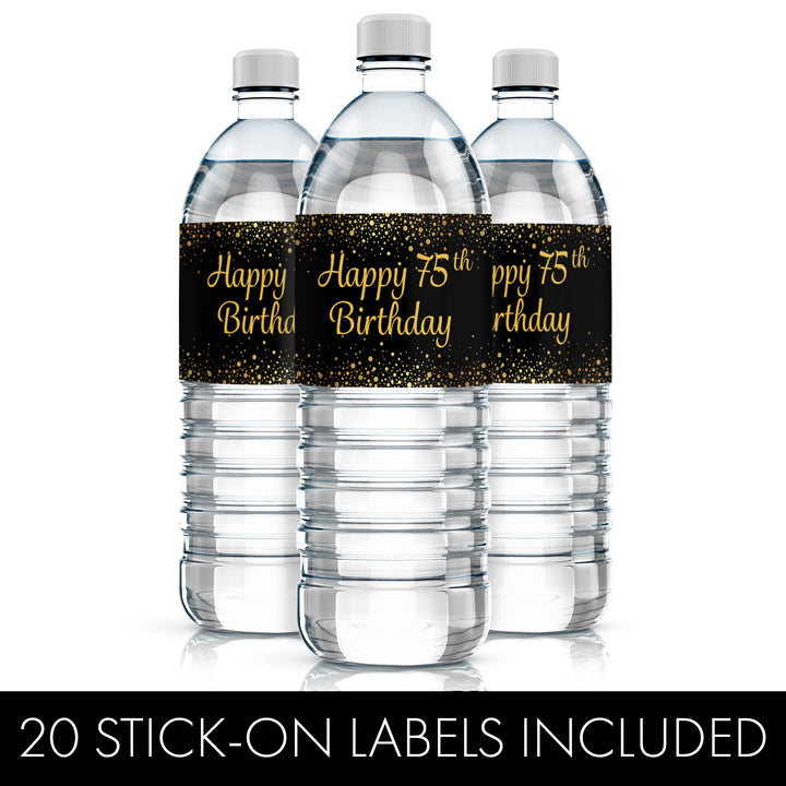 75th Birthday: Black & Gold - Adult Birthday - Water Bottle Labels - 20 Stickers