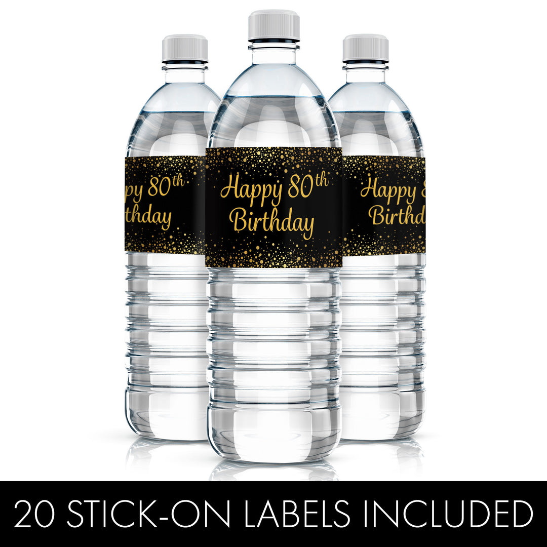 80 cumpleaños: negro y dorado - Cumpleaños de adultos - Etiquetas para botellas de agua - 24 pegatinas