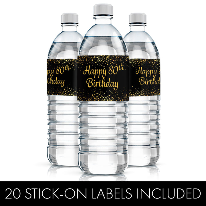 80 cumpleaños: negro y dorado - Cumpleaños de adultos - Etiquetas para botellas de agua - 24 pegatinas