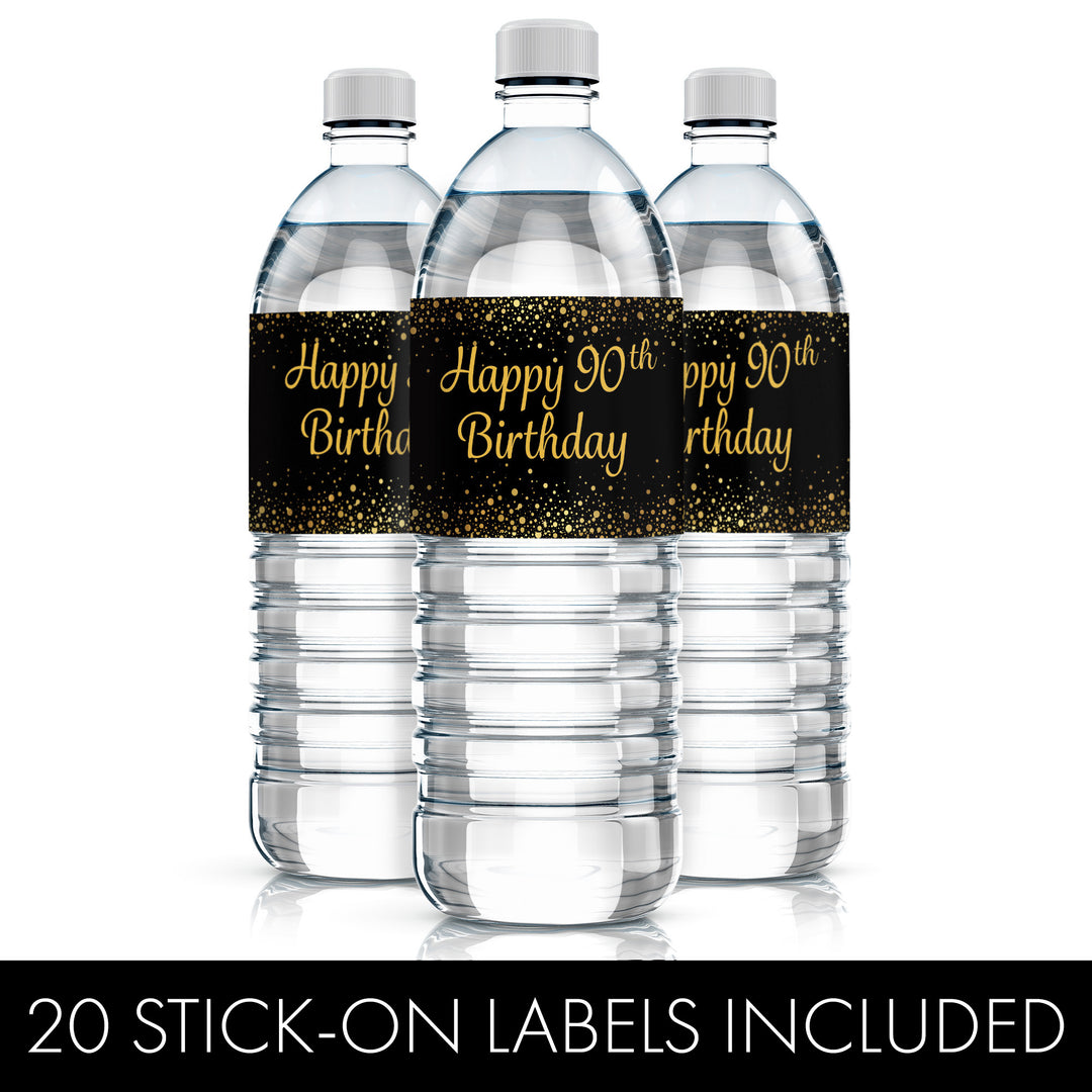 90 cumpleaños: negro y dorado - Cumpleaños de adultos - Etiquetas para botellas de agua - 24 pegatinas
