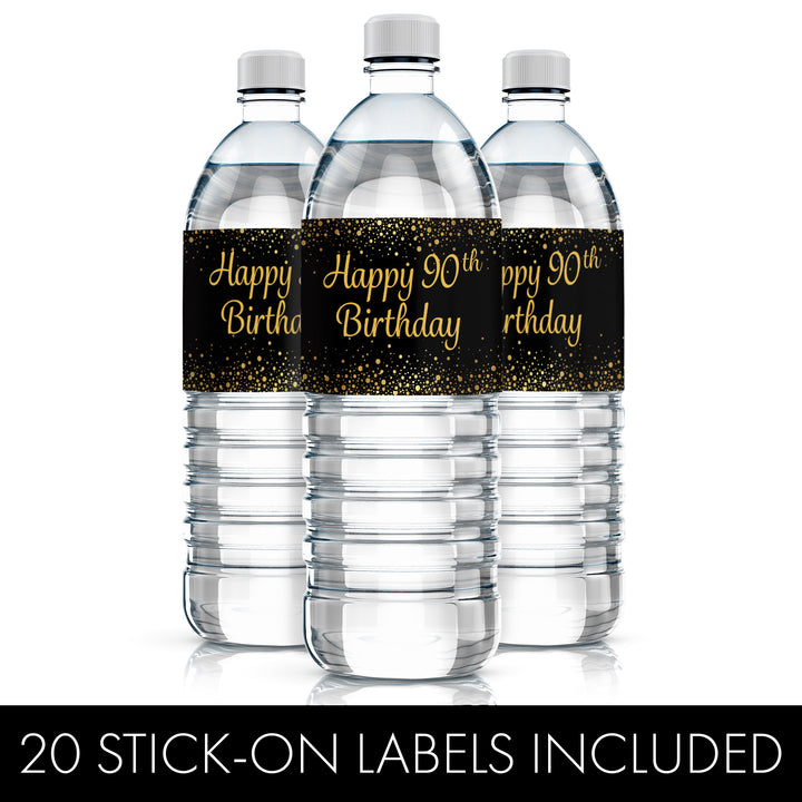 90 cumpleaños: negro y dorado - Cumpleaños de adultos - Etiquetas para botellas de agua - 24 pegatinas