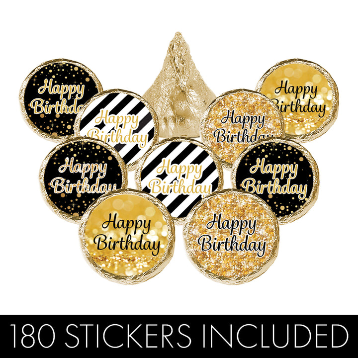 Black and Gold Birthday: Party Favor Stickers - Fits on Hershey® Kisses - 180 Stickers - Distinctivs Party
