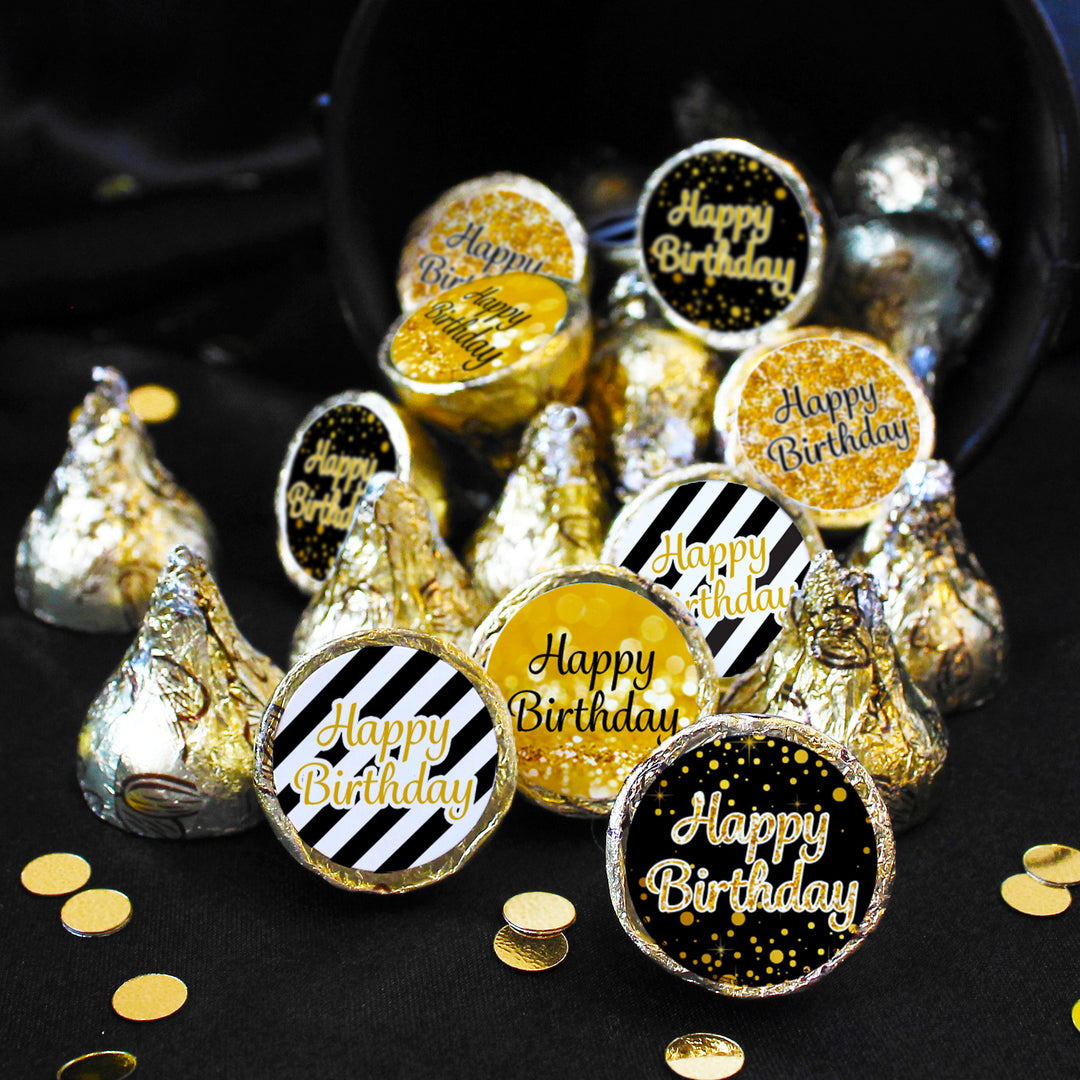 Black and Gold Birthday: Party Favor Stickers - Fits on Hershey® Kisses - 180 Stickers - Distinctivs Party