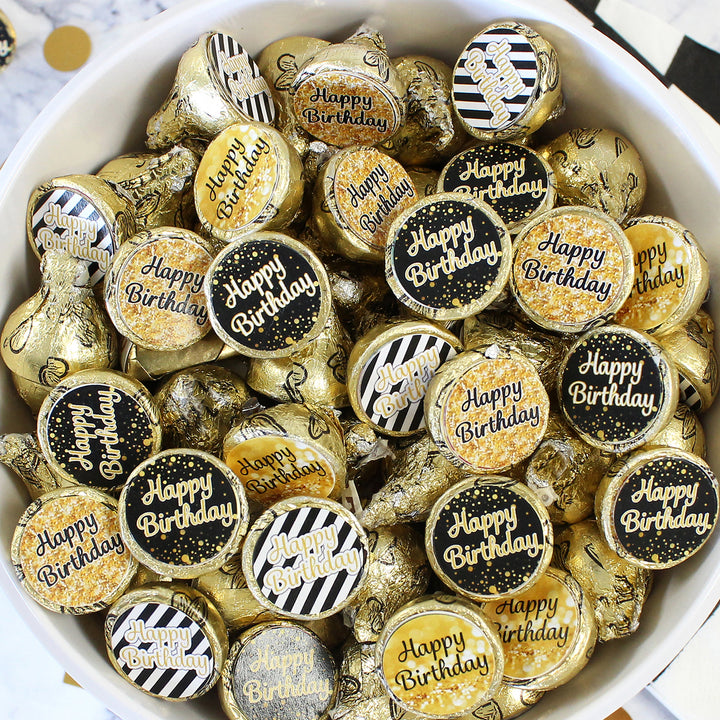 Black and Gold Birthday: Party Favor Stickers - Fits on Hershey® Kisses - 180 Stickers - Distinctivs Party