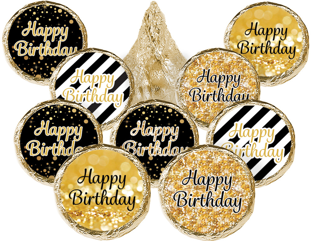 Black and Gold Birthday: Party Favor Stickers - Fits on Hershey® Kisses - 180 Stickers - Distinctivs Party