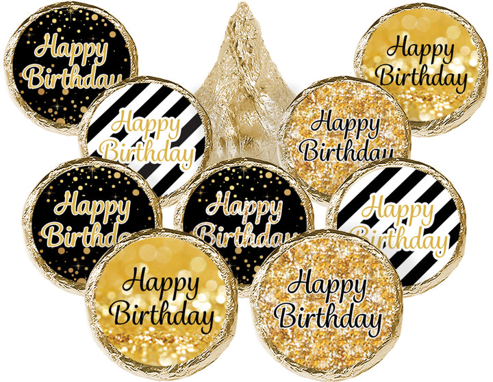 Black and Gold Birthday: Party Favor Stickers - Fits on Hershey® Kisses - 180 Stickers - Distinctivs Party