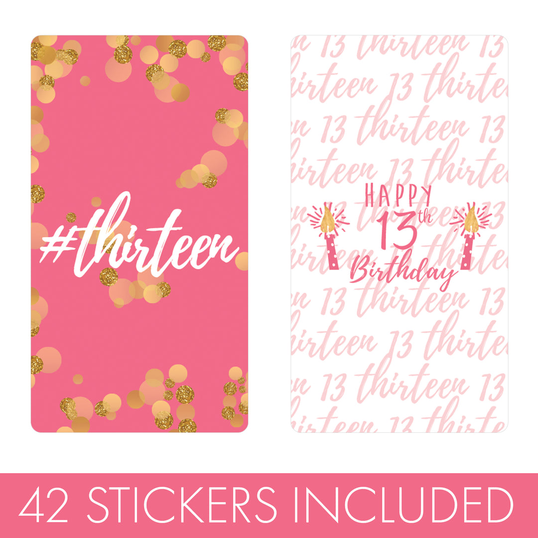 Thirteenth Birthday: Gold Confetti Pink & Gold - Mini Candy Bar Labels - Fits Hershey® Miniatures - 45 Stickers - Distinctivs Party