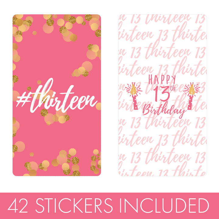 Thirteenth Birthday: Gold Confetti Pink & Gold - Mini Candy Bar Labels - Fits Hershey® Miniatures - 45 Stickers - Distinctivs Party