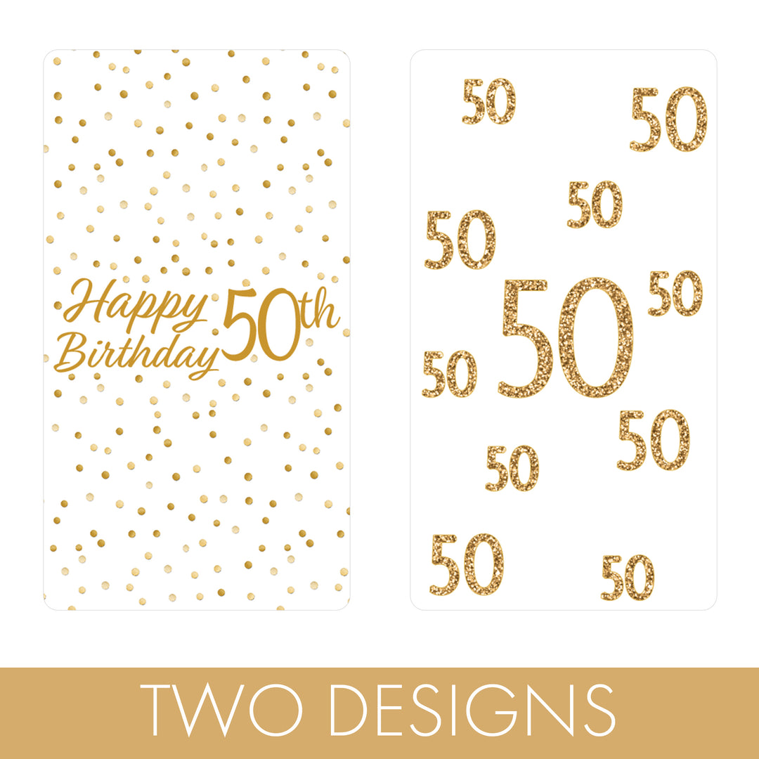 50.º cumpleaños: blanco y dorado - Cumpleaños de adultos - Pegatinas de envoltorios para barra de caramelos en miniatura de Hershey's - 45 pegatinas
