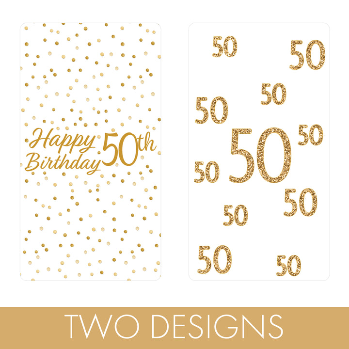 50.º cumpleaños: blanco y dorado - Cumpleaños de adultos - Pegatinas de envoltorios para barra de caramelos en miniatura de Hershey's - 45 pegatinas
