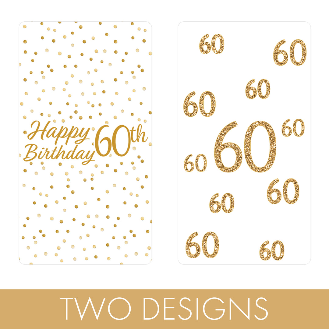60.º cumpleaños: blanco y dorado - Cumpleaños de adultos - Hershey's Miniatures Candy Bar Wrappers Stickers - 45 pegatinas
