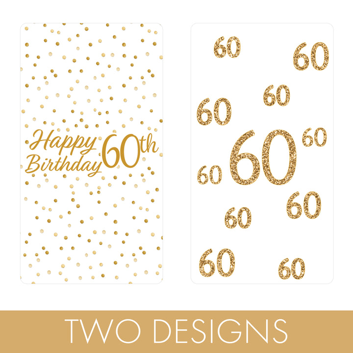 60.º cumpleaños: blanco y dorado - Cumpleaños de adultos - Hershey's Miniatures Candy Bar Wrappers Stickers - 45 pegatinas