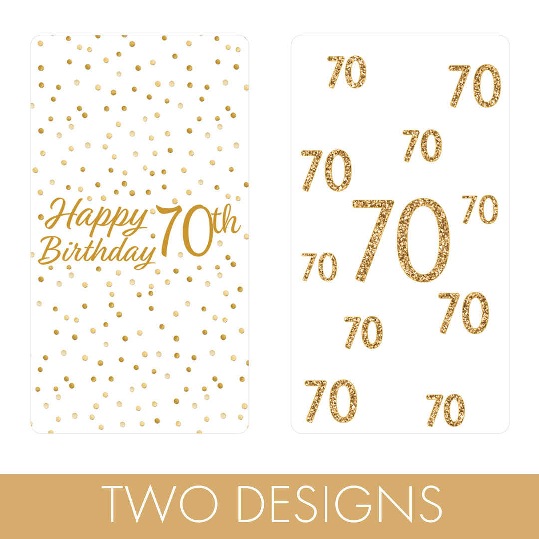 70.º cumpleaños: fiesta blanca y dorada - Cumpleaños de adultos - Pegatinas envoltorios para barra de caramelos en miniatura de Hershey's - 45 pegatinas