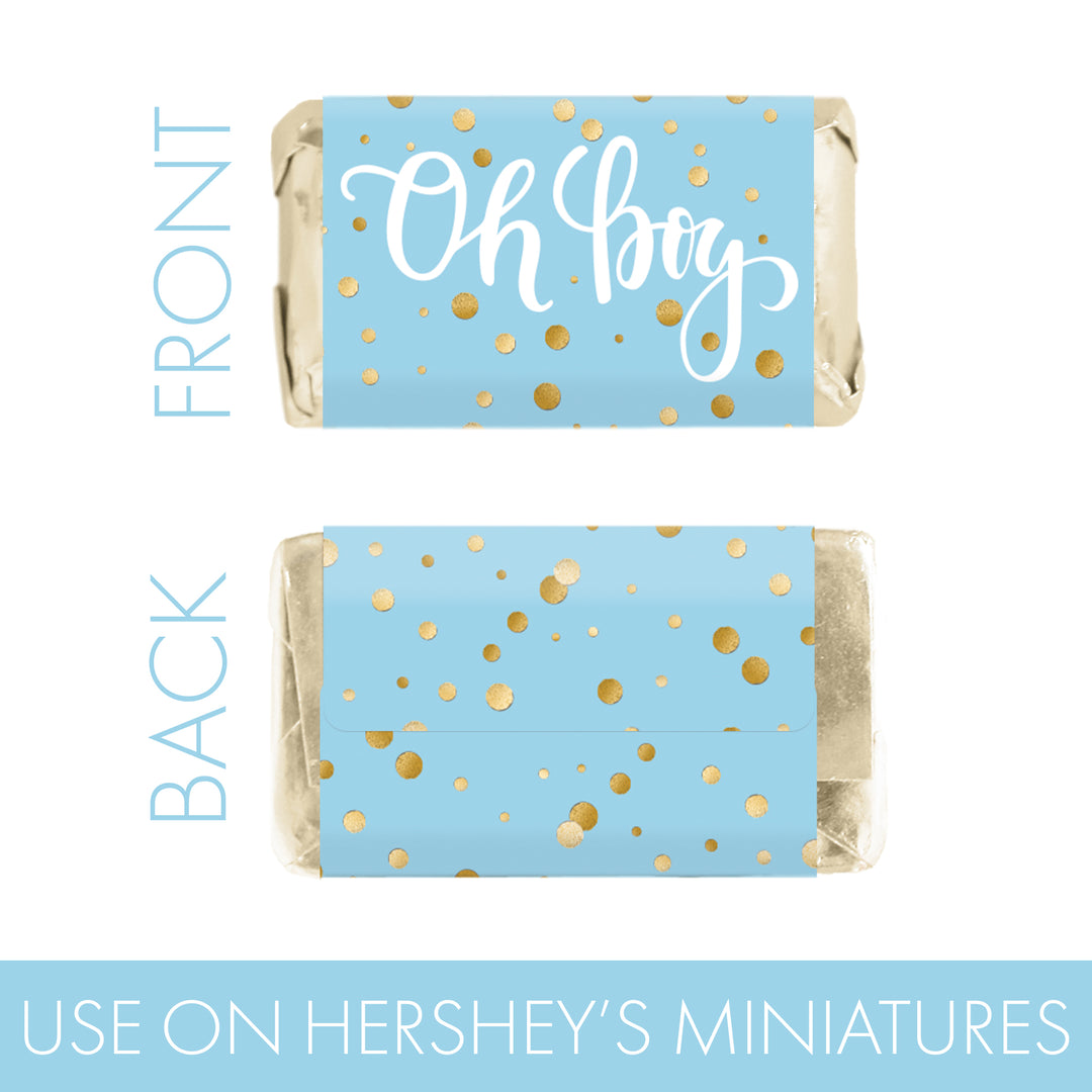 Confeti dorado: azul - Es un baby shower para niño - Mini pegatinas para barra de caramelo - 45 pegatinas