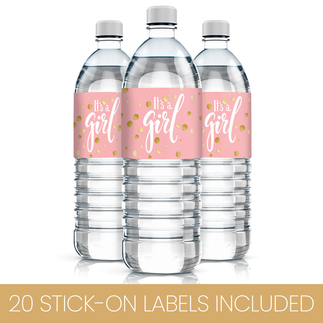 Gold Confetti: Pink -  It's a Girl Baby Shower Water Bottle Labels - 20 Stickers - Distinctivs Party