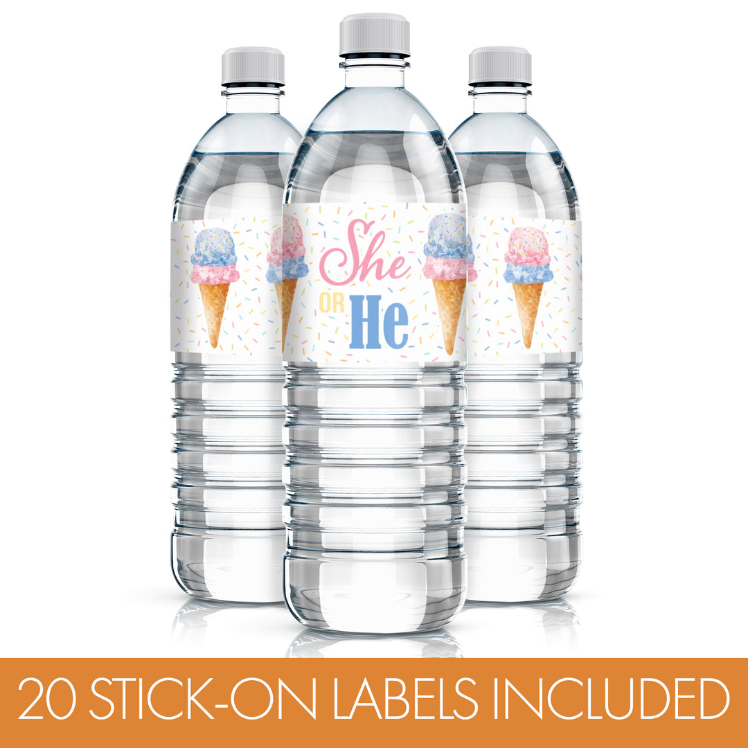 What's the Scoop:  Ice Cream -  Gender Reveal Party - Water Bottle Sticker Labels - 20 Pack
