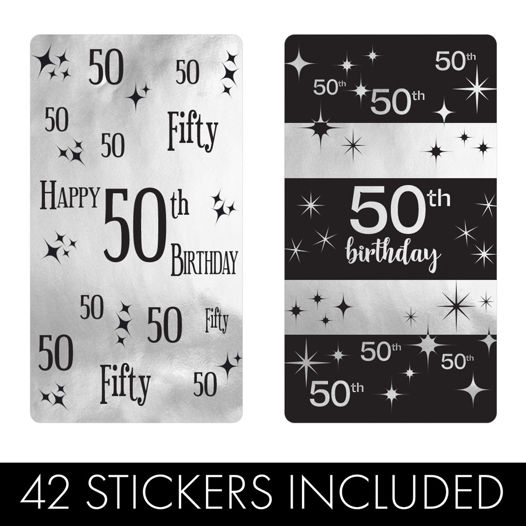 50.º cumpleaños: lámina negra y plateada - Cumpleaños de adultos - Hershey's Miniatures Candy Bar Wrappers Stickers - 45 pegatinas