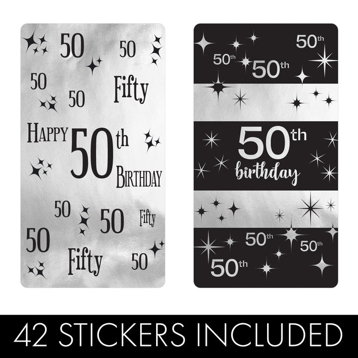 50.º cumpleaños: lámina negra y plateada - Cumpleaños de adultos - Hershey's Miniatures Candy Bar Wrappers Stickers - 45 pegatinas