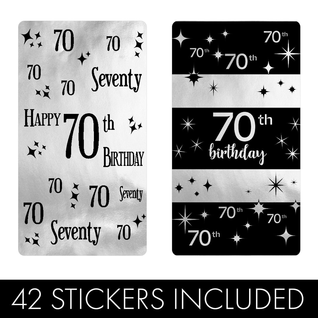 70.º cumpleaños: lámina brillante negra y plateada - Cumpleaños para adultos - Pegatinas para envoltorios de barra de caramelos en miniatura de Hershey's - 45 pegatinas