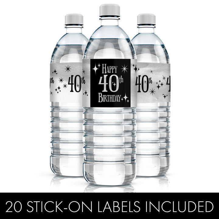 40th Birthday: Black and Silver - Adult Birthday - Water Bottle Label Stickers - 20 Waterproof Stickers