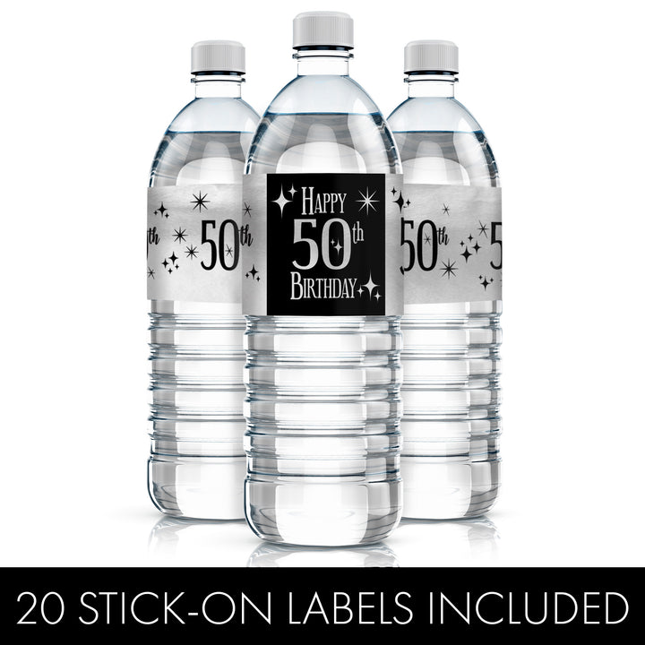 50th Birthday: Black and Silver Foil - Adult Birthday -  Water Bottle Label Stickers - 20 Waterproof Stickers