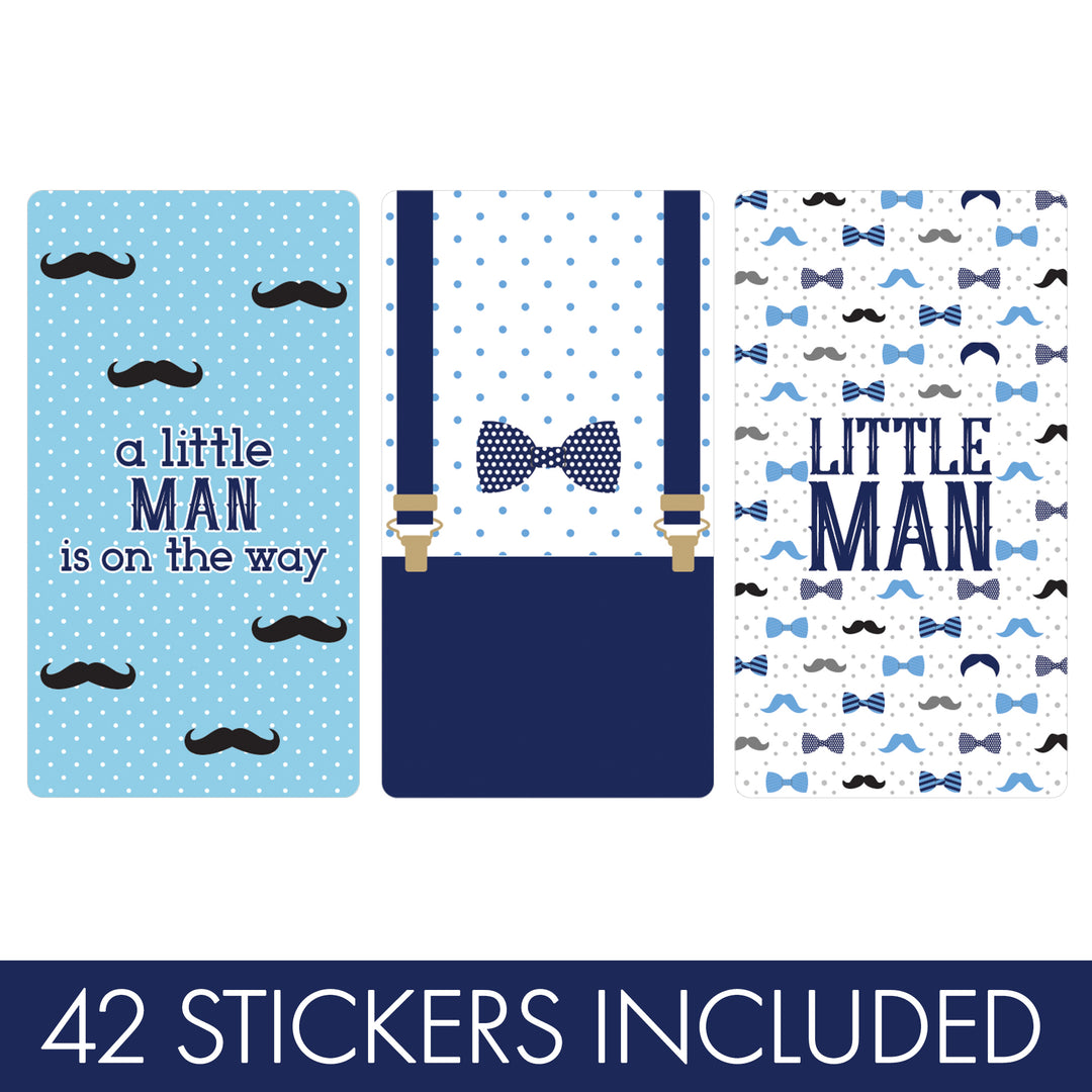 Little Man: Baby Shower - Mini pegatinas para barra de caramelo - Niño, pajarita - 45 pegatinas