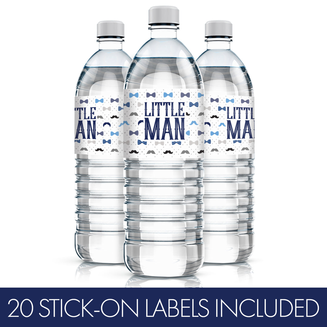 Little Man: Baby Shower - Etiquetas para botellas de agua - Niño, pajarita - 24 pegatinas impermeables