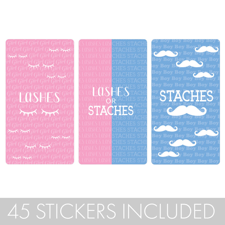 Gender Reveal Party: Lashes or Staches - Team Boy or Girl Baby Shower Stickers - Mini Candy Bar Stickers - Fit on Hershey® Miniatures - 45 Stickers