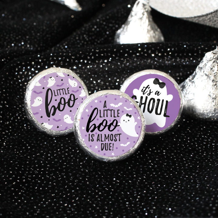 Little Boo: Purple - Girl Baby Shower - Fall Party Favor Stickers - Fits on Hershey's Kisses - 108 Stickers - Distinctivs Party