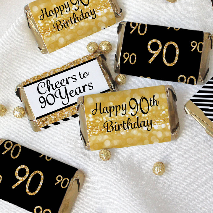 90th Birthday: Black & Gold - Hershey's Miniatures Candy Bar Wrappers Stickers - 45 Stickers - Distinctivs Party