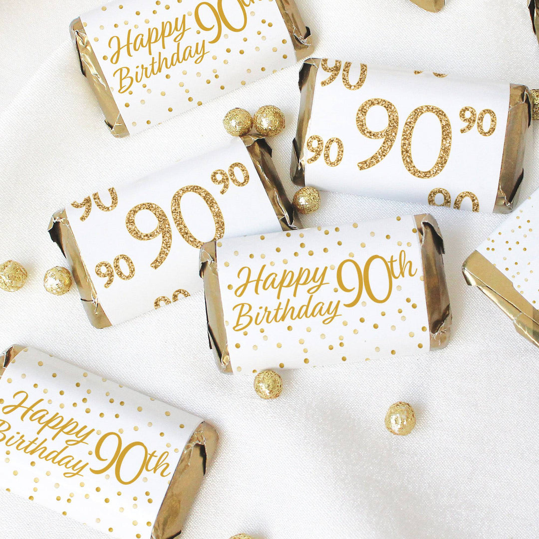 90th Birthday: White and Gold  - Adult Birthday - Hershey's Miniatures Candy Bar Wrappers Stickers - 45 Stickers - Distinctivs Party