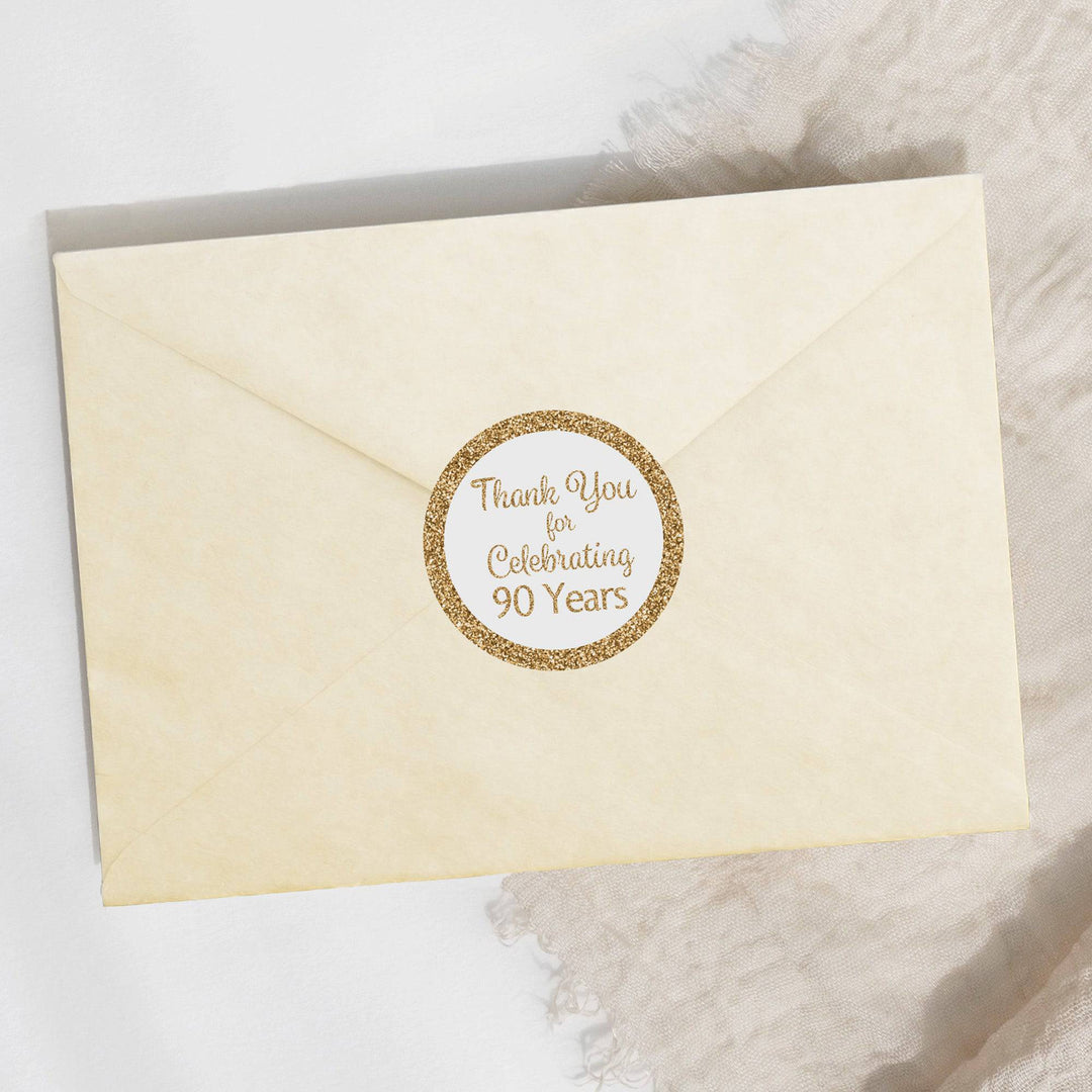 90th Birthday: White and Gold  - Adult Birthday -  Round Favor Stickers - 40 Stickers - Distinctivs Party