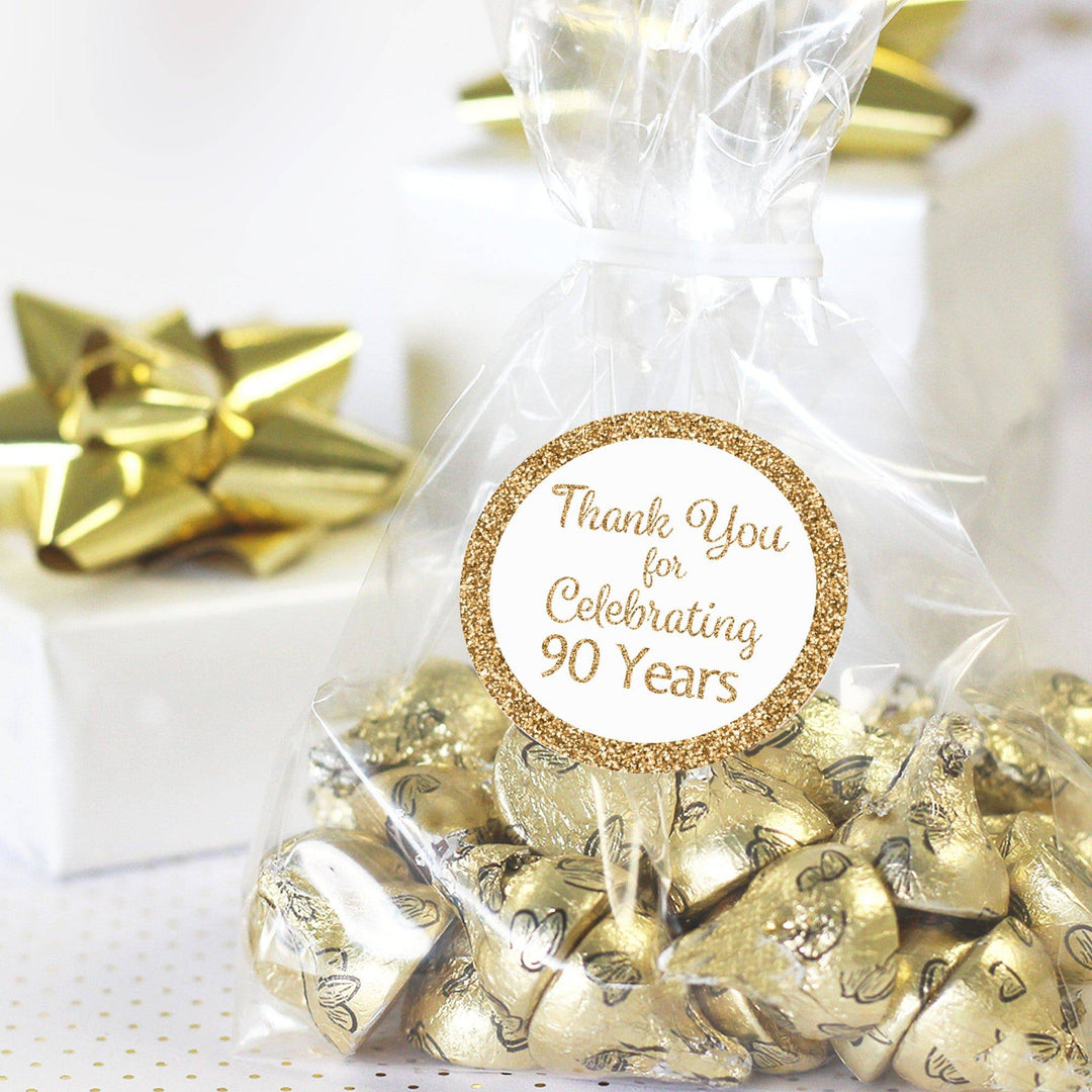 90th Birthday: White and Gold  - Adult Birthday -  Round Favor Stickers - 40 Stickers - Distinctivs Party