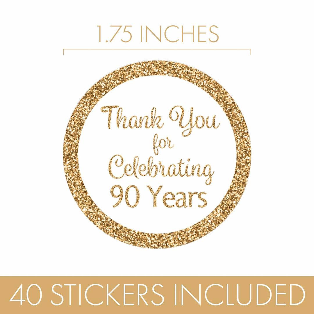90th Birthday: White and Gold  - Adult Birthday -  Round Favor Stickers - 40 Stickers - Distinctivs Party